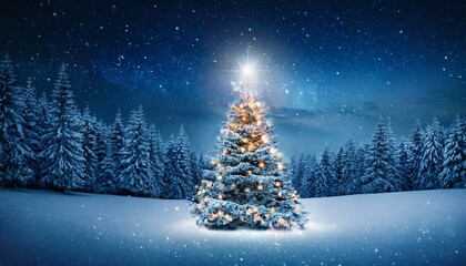 Fantastic winter landscape with christmas tree. 3D rendering. Christmas background with christmas tree, snow and stars. Beautiful christmas night.