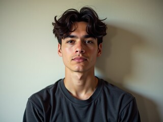Fototapeta premium A young man with tousled hair sits calmly against a neutral backdrop, conveying a sense of tranquility and introspection in soft, natural light