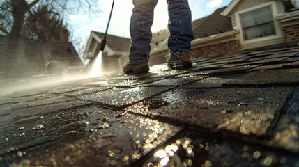 A Low-Angle View of a Person Power Washing a Roof