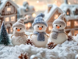 Obraz premium little knitted snowman's family on dreamy winter landscape. village, city with old houses, christmas tree. watercolor style