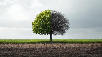 Obraz premium Solitary Tree in Contrasting Seasons Symbolizing Duality of Hope and Despair