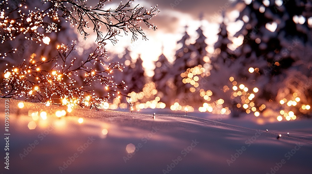 Poster a snow-covered field featuring a tree in the foreground and lights illuminating the background
