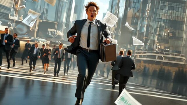Businessman with suitcase running down the street, sheets of paper flying, deadline, rush.