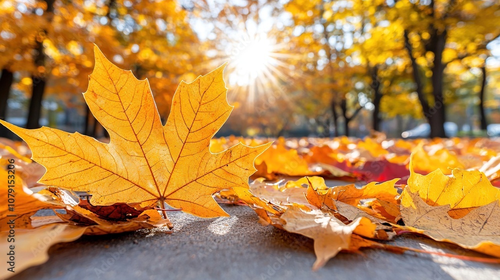 Poster a leaf lying on the ground in a park with sunlight filtering through the trees behind it
