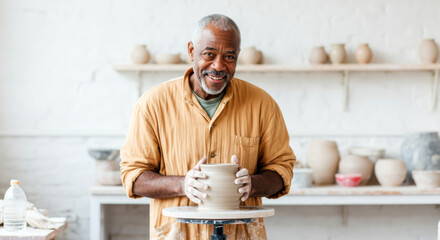 Mature potter crafting clay pot in ceramics studio