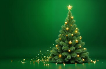 Beautiful Green Christmas Tree With Gold Ornaments And Star On Green Background