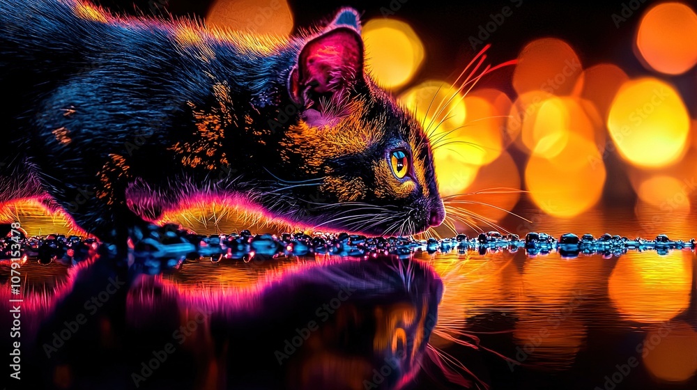 Poster a painting depicts a feline on a mirror-like surface surrounded by hazy background lights