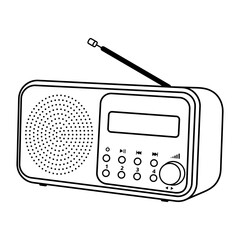 Retro Radio Vector Illustration. This is a black and white line art illustration of a retro-style radio. The radio features a circular speaker on the left side, a digital display screen on the right.