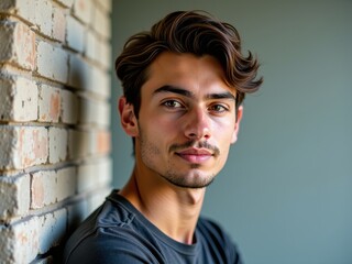 Fototapeta premium A young man stands near a brick wall with a relaxed posture, exuding confidence. His well-groomed hair and serene expression draw attention, creating a striking appearance