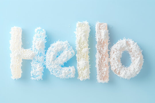 "Hello" text covered with a snow-like texture, set against a pastel blue background, creating a wintery, welcoming vibe.