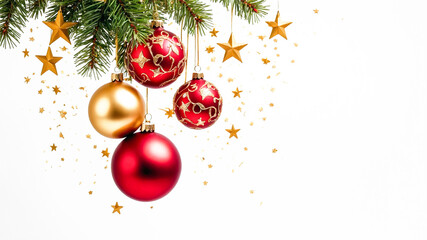 Christmas tree with adorable decorations - red and gold balls, stars, confetti at light background