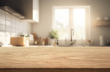 Beautiful natural wooden table with cozy kitchen background. The table has a natural wood finish with visible grain patterns. The ambiance is warm and inviting.