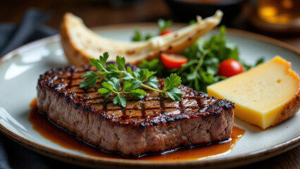 Juicy steak with crispy potato skin on a white plate alongside a slice of melted cheese garnished with fresh herbs and tomatoes, ideal for carnivores.