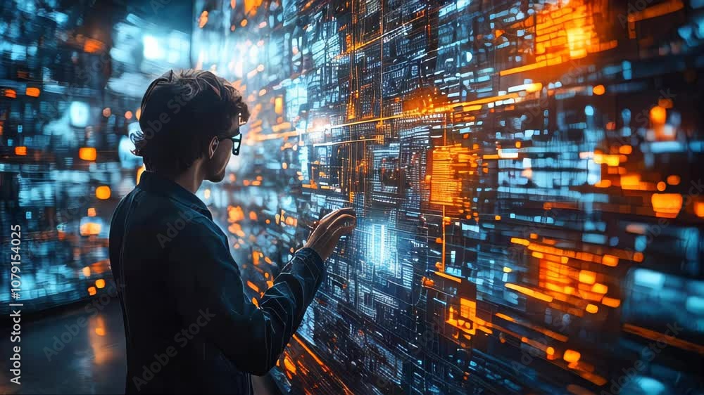 Poster a man interacts with a digital wall displaying a holographic data network, representing high-tech or