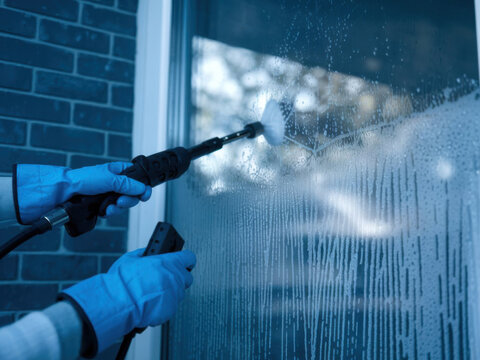 Las manos de una persona con guantes mientras limpian una ventana con agua a alta presi&oacute;n
