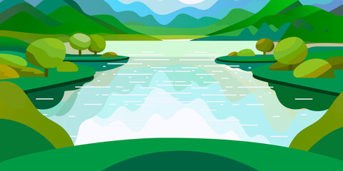 Fototapeta premium Serene Landscape with Reflections of Lush Greenery and Mountains