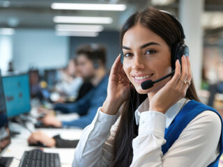 Hermosa joven trabajando en el centro de soporte con auriculares con micrófono
