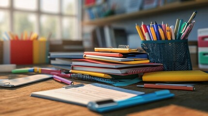 A messy student desk with stacked notebooks, colorful stationery supplies, and pencil holders in a classroom setting, capturing the essence of academic life and study materials