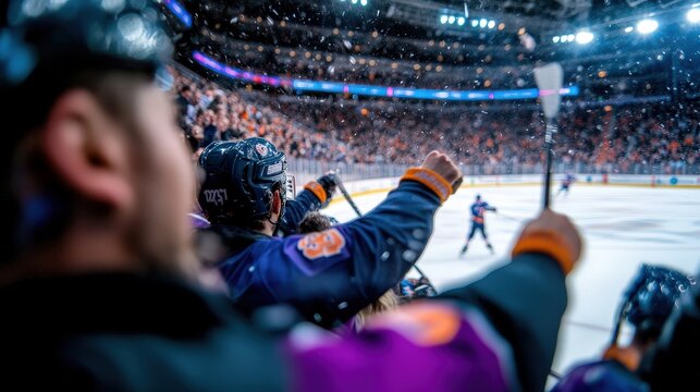 A thrilling ice hockey game unfolds as players compete fiercely on the rink, while enthusiastic fans clad in jerseys cheer passionately from the crowded stands.