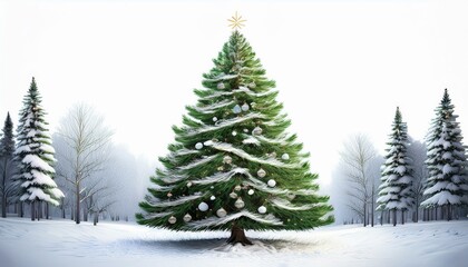 Vector illustration of decorated christmas tree in snow on white background. Green fluffy christmas pine, isolated on white background 1.4