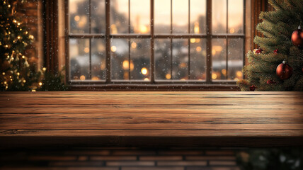 Cozy winter scene with empty wooden table and festive bokeh Christmas tree, ideal for montages