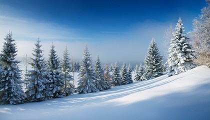 Winter background landscape with fir trees and pines in snow