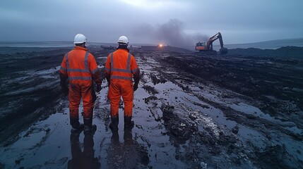 Two construction workers in orange jumpsuits stand in a muddy field, looking towards an excavator in the distance.
