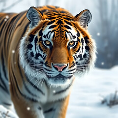 Fototapeta premium Portrait of a Siberian tiger with snow background