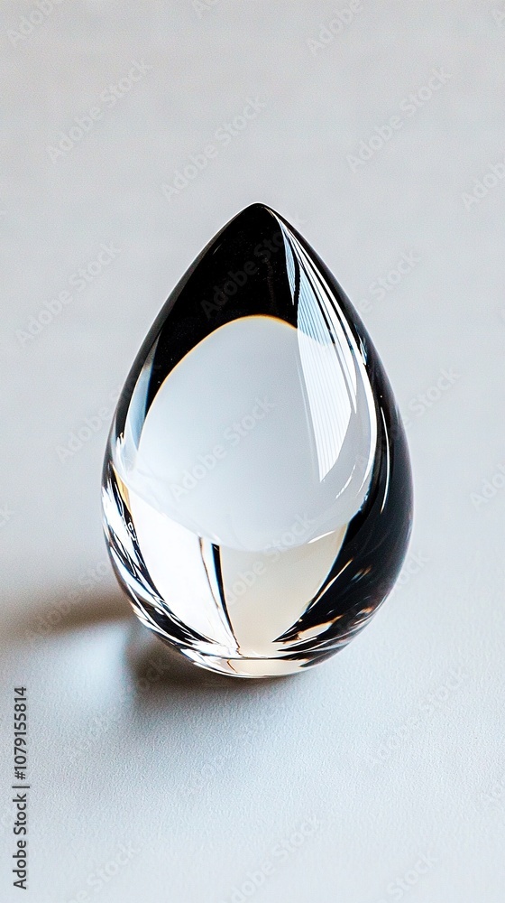 Poster close-up shot of clear glass object resting on white background with subtle reflection beneath