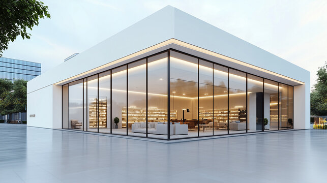 Modern architectural design with a minimalist glass-fronted building illuminated in a serene urban setting