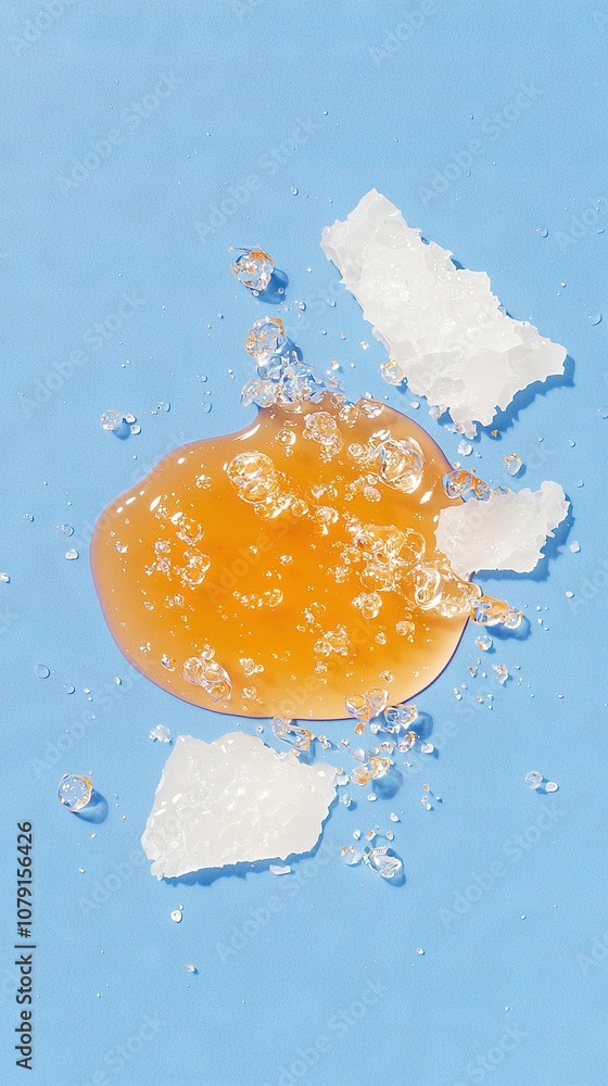 Poster a slice of apple bobbing in water, surrounded by ice and splattered with droplets