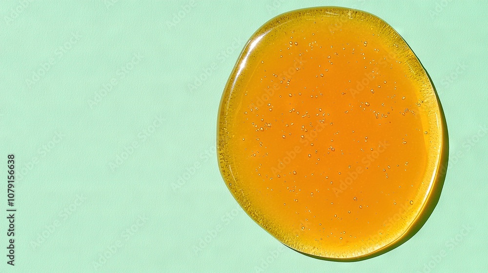 Poster a close-up of a yellow object on a blue background with droplets of water on the object's base