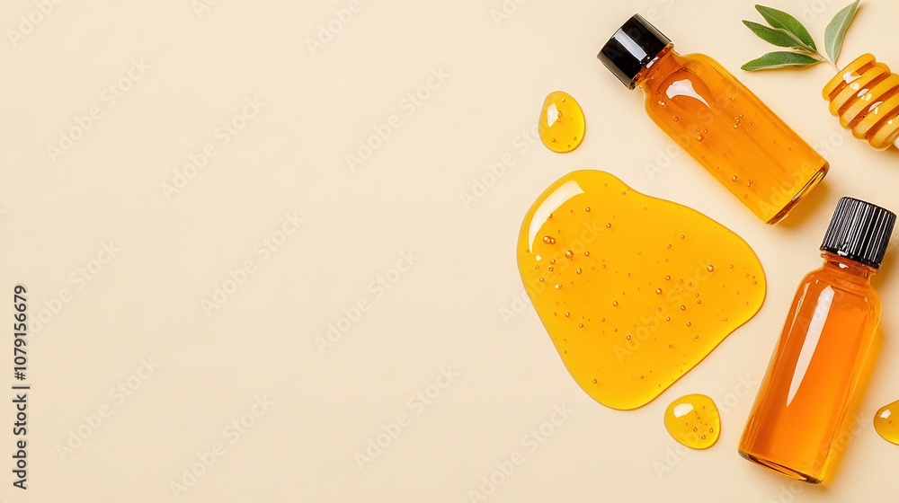 Poster a few bottles of honey resting on a table adjacent to a honeycomb and another bottle of honey