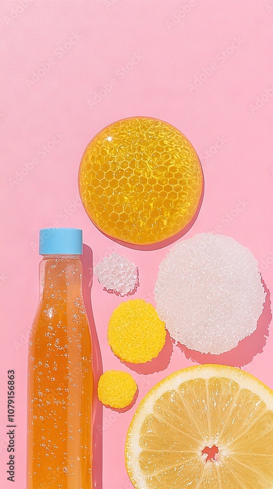 Poster a bottle of orange juice next to two slices of lemon and a slice of grapefruit on a pink background,