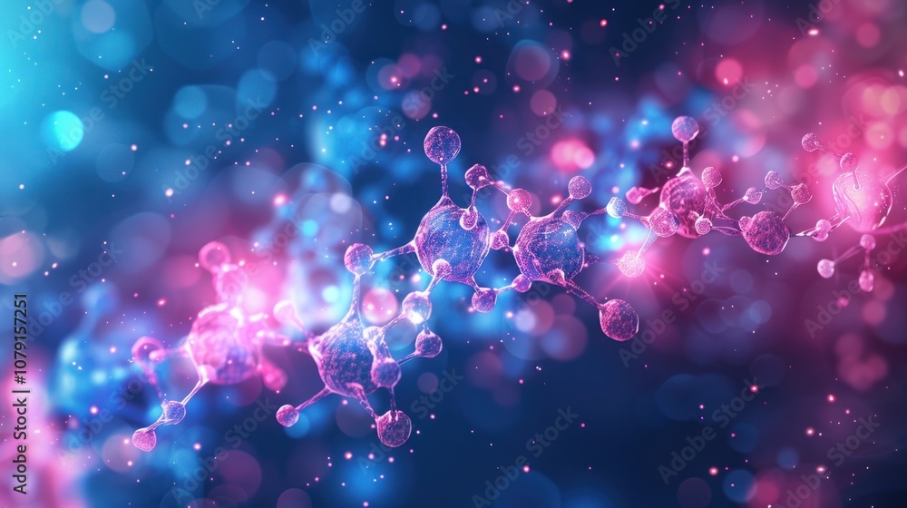 Poster abstract molecular structure in a colorful bokeh background
