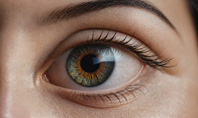 Obraz premium A close-up of a woman's eye, showing intricate detail of the iris, pupil, and eyelashes