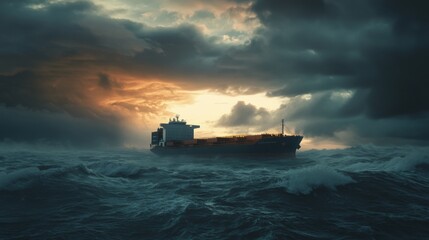 Obraz premium A large cargo ship navigates turbulent waters beneath dark clouds, illuminated by a stunning sunset, highlighting the aweinspiring and terrifying challenges of natures powerful forces