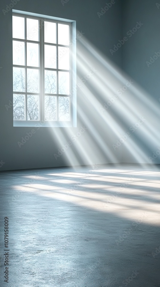 Poster an empty room with a large window and bright light streaming from it at its center