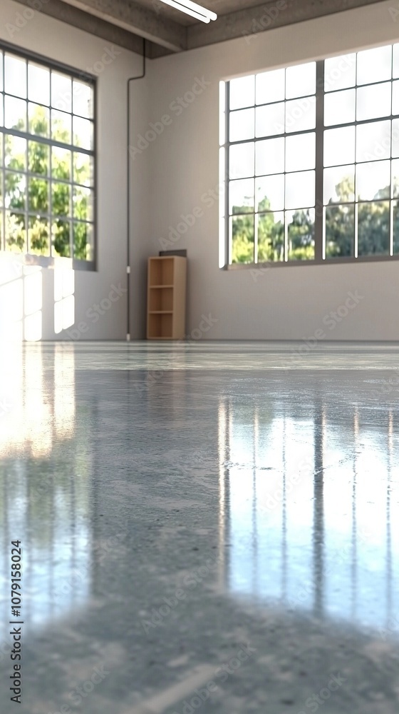 Poster in a spacious room containing two windows and a box situated on the floor directly in front of them,