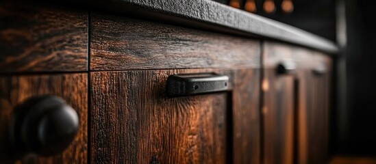 Close up of a rustic brown wooden kitchen facade showcasing intricate grain patterns and artisanal craftsmanship