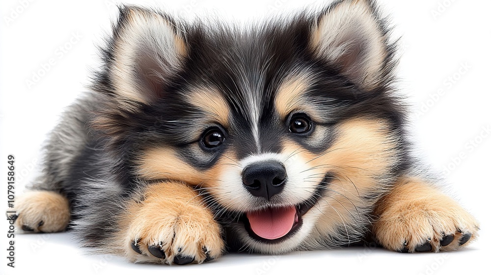 Poster a close-up image of a dog lying down with its tongue extended and mouth open