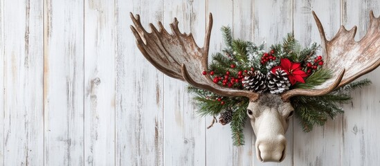 Christmas flower artfully arranged on a moose horn against a rustic white wooden background