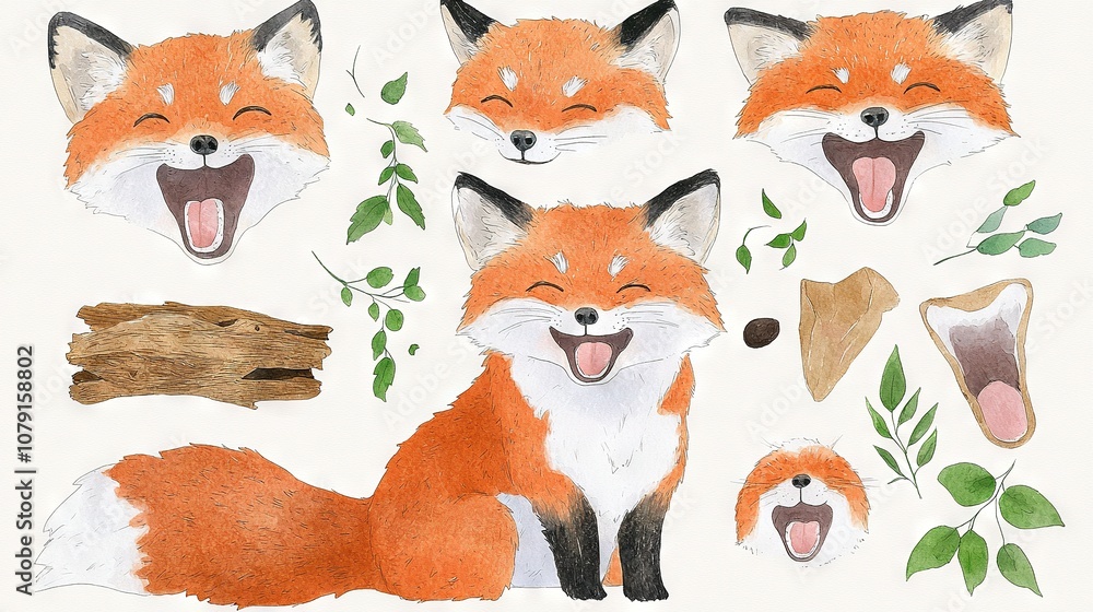 Poster a fox with its mouth open sits beside a tree branch, while another fox does the same