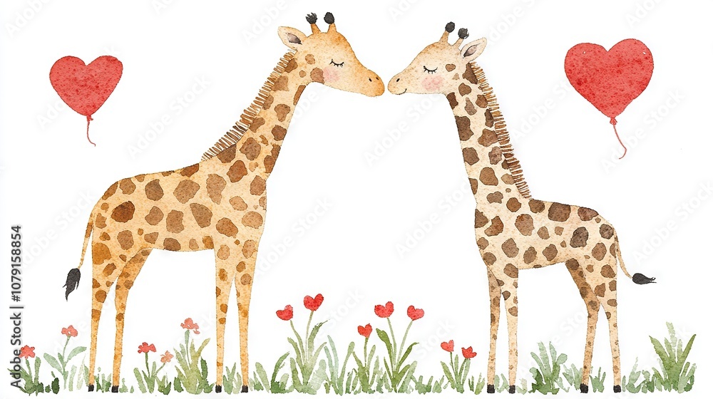 Wall mural   A pair of giraffes grazing on top of a green field surrounded by red hearts