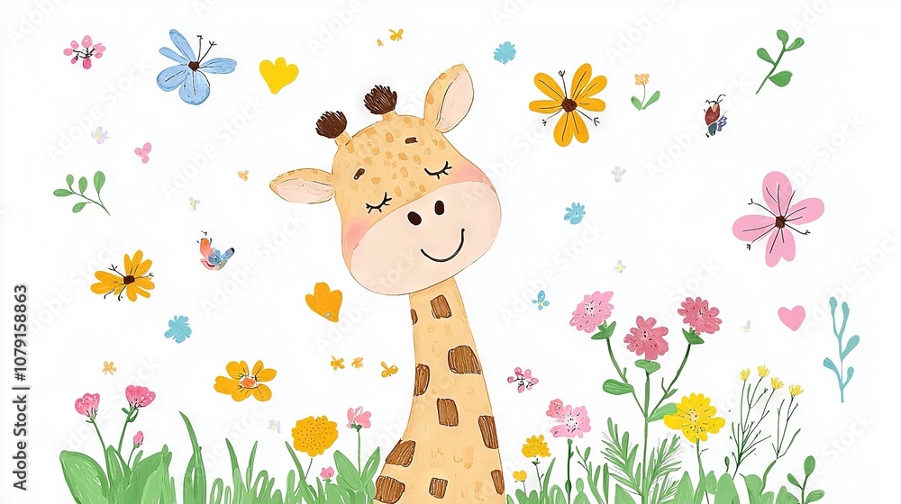 Poster a picture of a giraffe in a flower-filled field with butterflies and a ladybug in the foreground