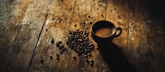 Close up of a coffee cup surrounded by roasted coffee beans on a rustic wooden surface perfect for coffee enthusiasts and brands