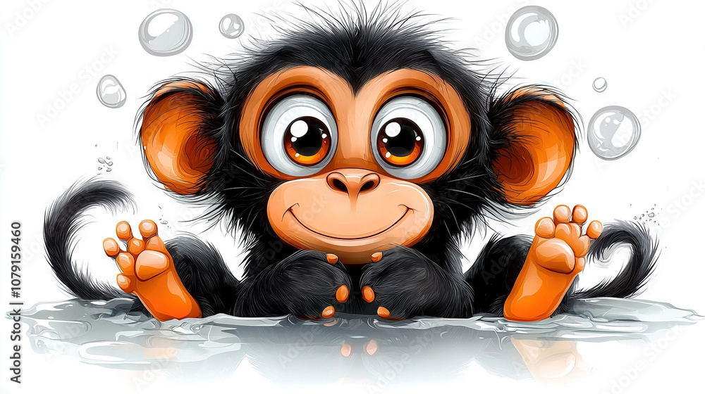 Aufkleber a monkey floating in a pool with water splashing on its face and arms raised