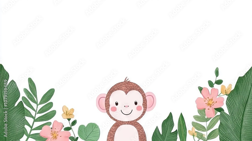 Poster a monkey surrounded by greenery on a white background with an empty center