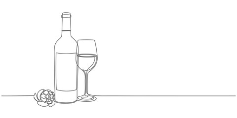 bottle of wine and glass line art style vector illustration. One line continous editable vector