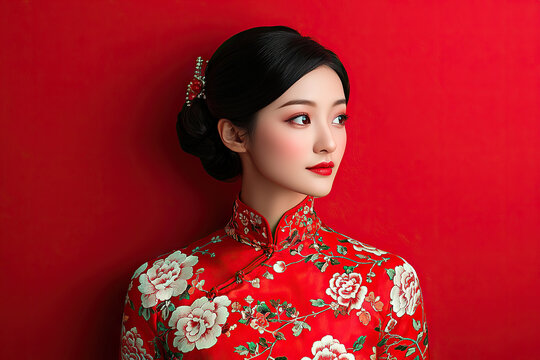 Elegant woman in traditional Chinese dress, showcasing vibrant red colors and floral patterns, exuding grace and cultural beauty